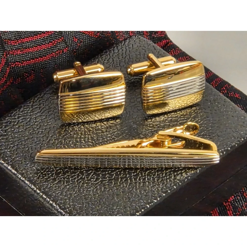 Cuff Links & Tie Clip Set Gold & Silvertone by Bijoux Terner